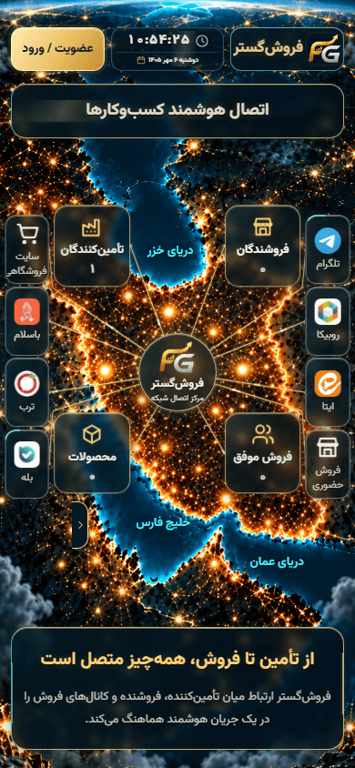 نمای واقعی صفحه آغازین فروش‌گستر با نقشه ایران، کارت‌های شبکه و دکمه ورود در گوشی